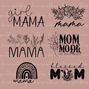 Pode incluir: Quatro designs gr&aacute;ficos em preto e branco com a palavra "mama" em cada um. O primeiro design diz "girl mama" com um cora&ccedil;&atilde;o acima da palavra "girl". O segundo design diz "mama" com um design floral acima da palavra. O terceiro design diz "mama" com um design floral abaixo da palavra. O quarto design diz "blessed mama" com um arco-&iacute;ris e uma vaca acima da palavra.