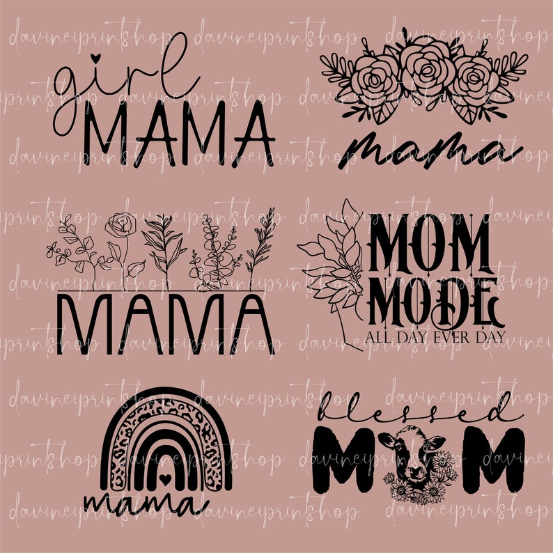 Pode incluir: Quatro designs gr&aacute;ficos em preto e branco com a palavra "mama" em cada um. O primeiro design diz "girl mama" com um cora&ccedil;&atilde;o acima da palavra "girl". O segundo design diz "mama" com um design floral acima da palavra. O terceiro design diz "mama" com um design floral abaixo da palavra. O quarto design diz "blessed mama" com um arco-&iacute;ris e uma vaca acima da palavra.