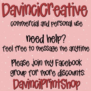 Op de afbeelding: Een roze achtergrond met witte stippen en tekst in rode en zwarte letters. De tekst bevat "DavinciCreative", "commercial and personal use", "need help?" en een oproep om lid te worden van een Facebookgroep.