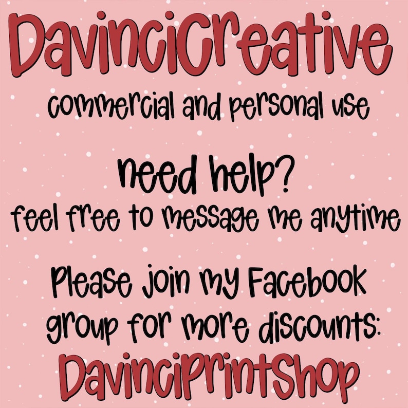 Op de afbeelding: Een roze achtergrond met witte stippen en tekst in rode en zwarte letters. De tekst bevat "DavinciCreative", "commercial and personal use", "need help?" en een oproep om lid te worden van een Facebookgroep.