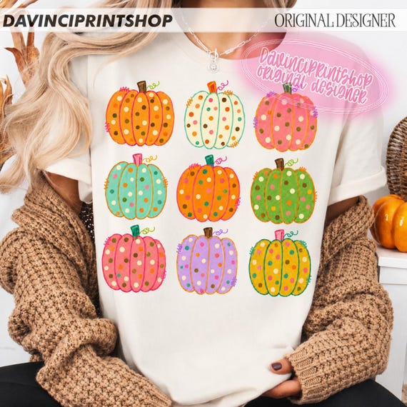 Preppy Pumpkin PNG, Colorful Polka Dot Pumpkins, Cute Fall Shirt Design, Girly Autumn Sublimation, Thanksgiving Digital Download