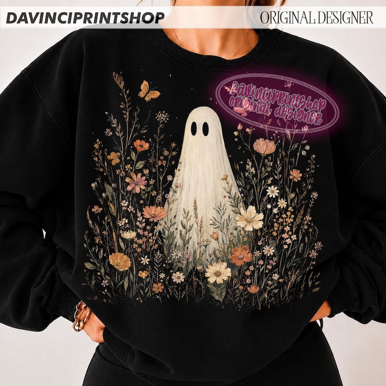 ワイルドフラワーゴーストPNG、ボヘミアンフローラルハロウィン昇華デザイン、ヴィンテージスプーキーシーズンゴースト、秋の花PNG、かわいいゴーストPNG 画像 3