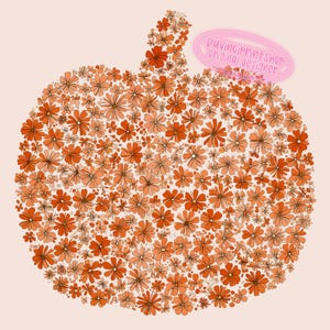May include: A pumpkin-shaped design composed of numerous orange and peach-colored flowers. The flowers vary in size and shape, creating a textured appearance. The text "Davinciprintshop original designer" is in a pink oval.