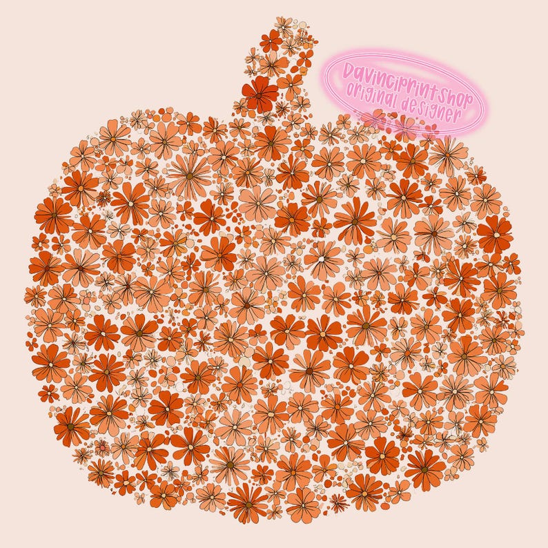 May include: A pumpkin-shaped design composed of numerous orange and peach-colored flowers. The flowers vary in size and shape, creating a textured appearance. The text "Davinciprintshop original designer" is in a pink oval.