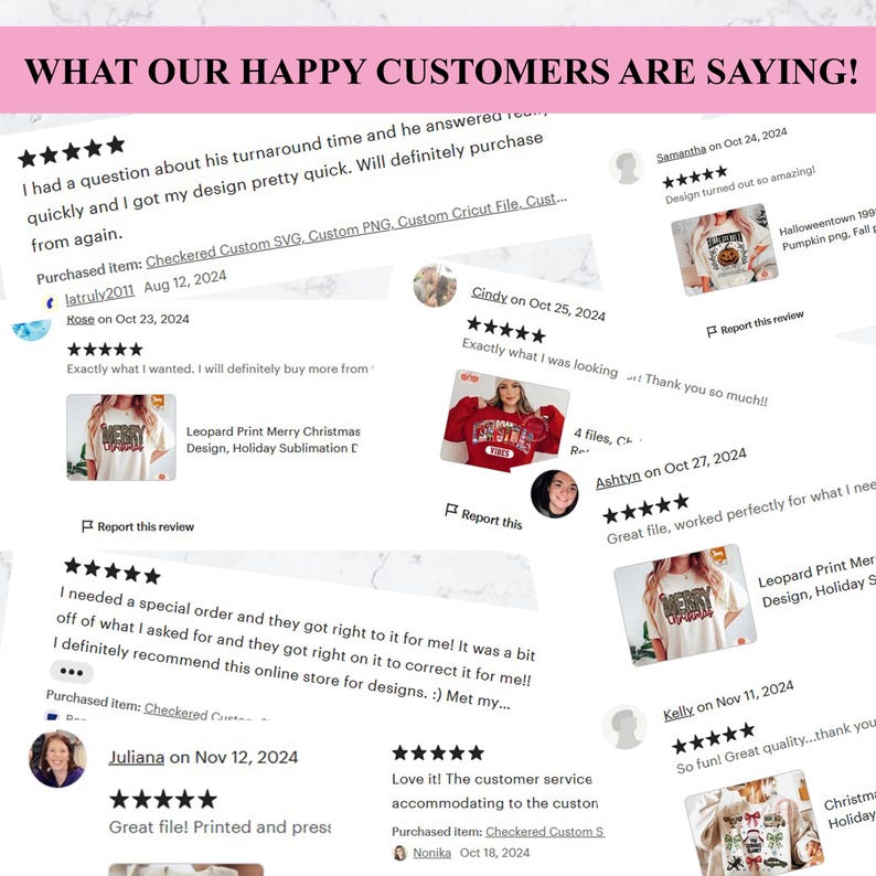 Puede incluir: Capturas de pantalla de rese&ntilde;as de clientes para una tienda de dise&ntilde;o digital. Las rese&ntilde;as son positivas y destacan el tiempo de respuesta r&aacute;pido, la calidad de los dise&ntilde;os y la excelente atenci&oacute;n al cliente. Las rese&ntilde;as incluyen texto, calificaciones de estrellas e im&aacute;genes de los dise&ntilde;os.