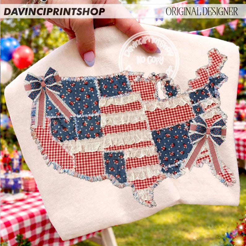 May include: A white fabric item featuring a patchwork design in the shape of the United States. The design incorporates red gingham, blue floral patterns, and white ruffled accents. Two decorative bows are placed on the design. The text "DAVINCIPRINTSHOP" and "ORIGINAL DESIGNER" are visible.