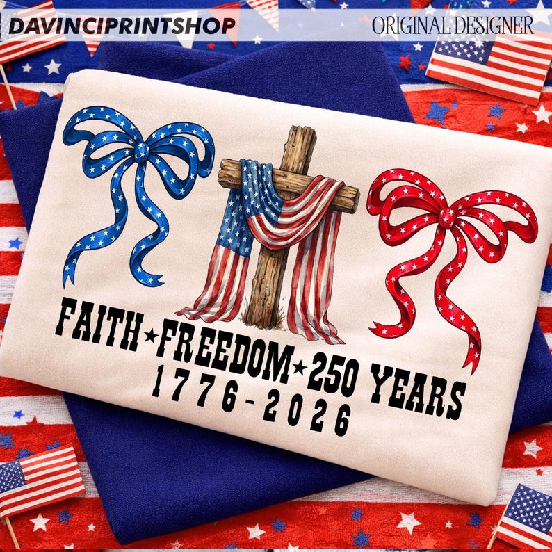 May include: Cream-colored t-shirt with patriotic design. Features a wooden cross draped with an American flag, blue and red bows, and the text "FAITH * FREEDOM * 250 YEARS 1776-2026".
