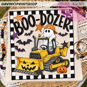 May include: A square graphic print featuring a yellow bulldozer with a jack-o'-lantern face, operated by a white ghost wearing an orange baseball cap. The text BOO-DOZER is displayed above, surrounded by purple and orange stars and bats.