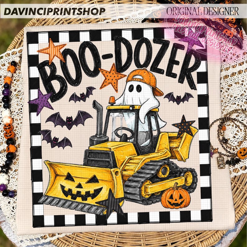 May include: A square graphic print featuring a yellow bulldozer with a jack-o'-lantern face, operated by a white ghost wearing an orange baseball cap. The text BOO-DOZER is displayed above, surrounded by purple and orange stars and bats.