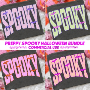 Preppy Spooky PNG Bundle, Varsity Halloween PNG, Striped Preppy Shirt Design, Cute Bat Shirt Design, Girly Halloween Sublimation