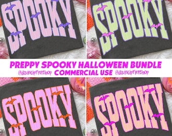Preppy Spooky PNG Bundle, Varsity Halloween PNG, Striped Preppy Shirt Design, Cute Bat Shirt Design, Girly Halloween Sublimation