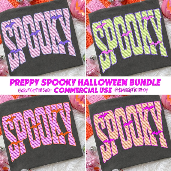 Preppy Spooky PNG Bundle, Varsity Halloween PNG, Striped Preppy Shirt Design, Cute Bat Shirt Design, Girly Halloween Sublimation