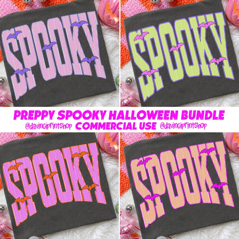 Preppy Spooky PNG Bundle, Varsity Halloween PNG, Striped Preppy Shirt Design, Cute Bat Shirt Design, Girly Halloween Sublimation image 1