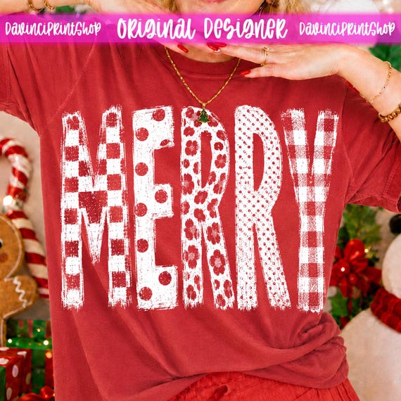 Merry Christmas PNG, Patterned Holiday Letter Design, Buffalo Plaid Polka Dot Christmas Sublimation, Distressed Xmas Shirt Graphic