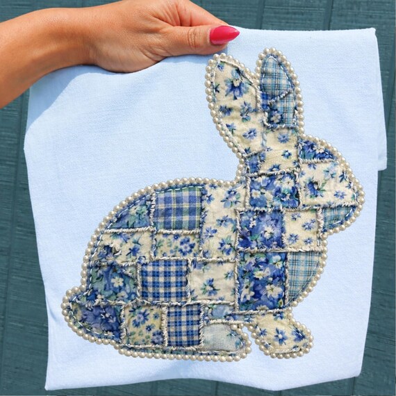 Blue Patchwork Bunny PNG, Floral Gingham Easter Rabbit, Cottagecore Faux Patchwork Design, Spring Bunny PNG