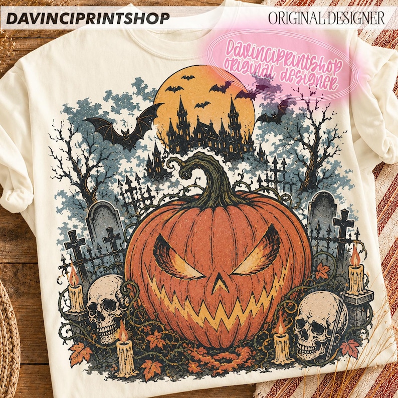 May include: An off-white t-shirt featuring a graphic print of a large orange jack-o'-lantern, two human skulls, and lit candles in a graveyard setting. The background shows a dark castle, a full moon, bats, and bare trees under a cloudy sky.
