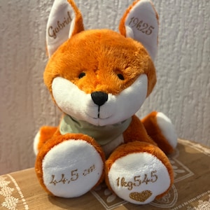 Peut inclure: Une peluche renard orange avec des accents blancs, une écharpe verte et des détails brodés. Le renard porte le nom "Gabriel" sur une oreille et le numéro "19425" sur l'autre. Les pieds sont brodés avec "44,5 cm" et "1kg545".