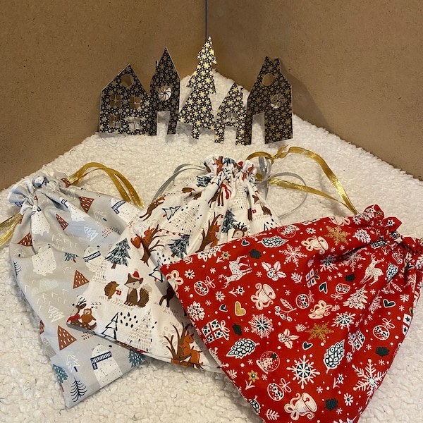 Pochon de noël, pochette cadeau de noël en tissu, pochon de noël en tissu, emballage cadeau en tissu, pochon en tissu de Noël