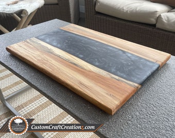 LARGE CUSTOM: Spalted Maple / Sumi Black and Storm Grey Epoxy River Serving Board