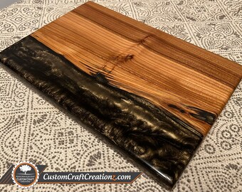STANDARD CUSTOM: Oak Wood / Shanai Brown, Sumi Black and Taba Gold Epoxy River Serving Board, Charcuterie Tray, Serving Tray or Custom Table