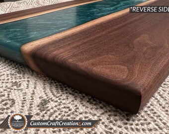 MEDIUM CUSTOM: Black Walnut / Dark Ocean Green and Oku White Epoxy River Serving Board, Charcuterie Tray, Serving Tray or Custom Table!