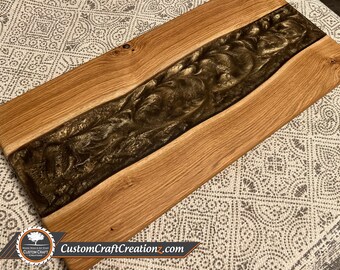 LARGE CUSTOM: Oak Wood / Shanai Brown and Taba Gold Epoxy River Serving Board, Charcuterie Tray, Serving Tray or Custom Table!