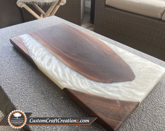MEDIUM CUSTOM: Black Walnut Wood / Haku-Gan White Pearl Epoxy Serving Board