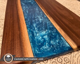 MEDIUM CUSTOM: Black Walnut / Machaylan Blue Epoxy River Serving Board, Charcuterie Tray, Serving Tray or Custom Table!