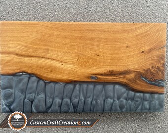 LARGE CUSTOM: Oak / Storm Grey - Haku Gan White Epoxy River Serving Board