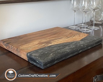 MEDIUM CUSTOM: English Walnut Wood / Sumi Black-Storm Gray-Tara Gold Epoxy Serving Board