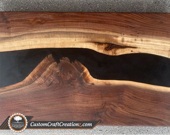 LARGE CUSTOM: Black Walnut / Black Dye Epoxy River Serving Board