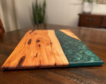 LARGE: Hickory / Dark Ocean Green Swirl Serving Board