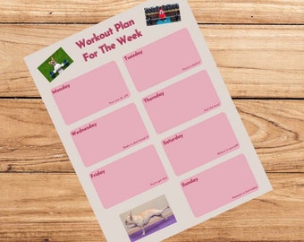 May include: A printable pink and beige workout plan for the week. The plan includes a space for each day of the week, Monday through Sunday, with a small image of a person exercising at the top of the page.