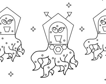 May include: A black and white line drawing of three cartoon aliens with antennas, large eyes, and multiple tentacles. The aliens are set against a white background with small stars.