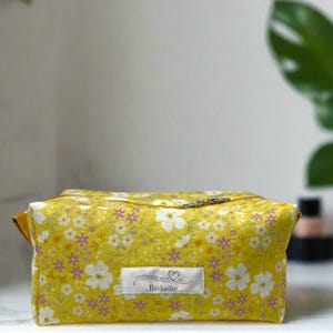 Handmade Quilted Yellow Floral Cosmetic Bag – Double Zipper Toiletry & Makeup Organizer (7x5x4”)