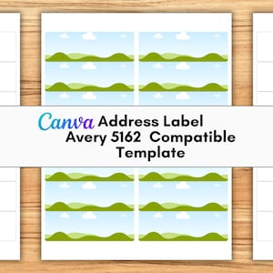 May include: Address label template with a landscape design featuring green hills, blue sky, and white clouds. The text "Canva Address Label Avery 5162 Compatible Template" is displayed across the image.