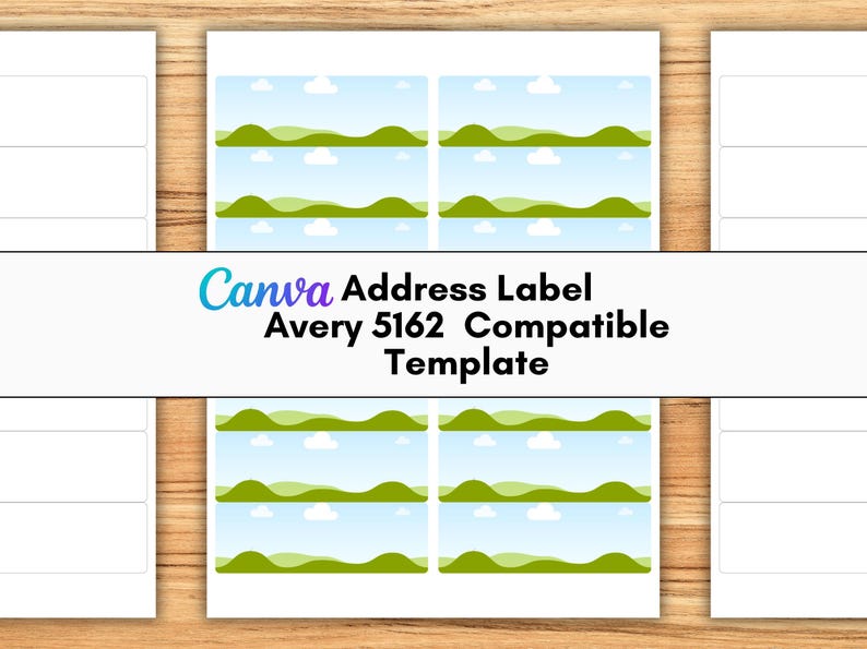 May include: Address label template with a landscape design featuring green hills, blue sky, and white clouds. The text "Canva Address Label Avery 5162 Compatible Template" is displayed across the image.