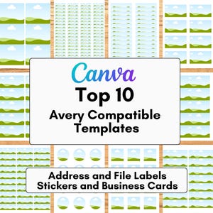 May include: A wooden surface displays various Avery-compatible templates. The image features the text "Canva Top 10 Avery Compatible Templates" and "Address and File Labels, Stickers and Business Cards". The templates have landscape and cloud graphics.
