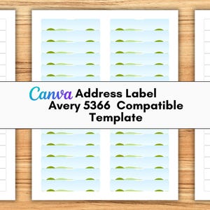 Peut inclure: Modèle d'étiquettes d'adresse avec un design bleu clair et vert. Le texte "Canva Address Label Avery 5366 Compatible Template" est affiché sur l'image. Le modèle est conçu pour les étiquettes Avery 5366.