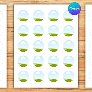 May include: A sheet of circular stickers featuring a repeating landscape design of a green grassy hill under a light blue sky with a single white cloud. The sheet contains twenty printed circular stickers and two columns of blank white circular outlines.