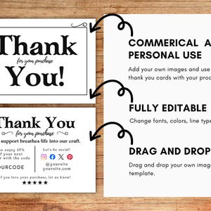 May include: White thank you cards with black text. One card reads "Thank You!" and another says "Thank You for your purchase." Additional text includes "Commercial and Personal Use," "Fully Editable," and "Drag and Drop."