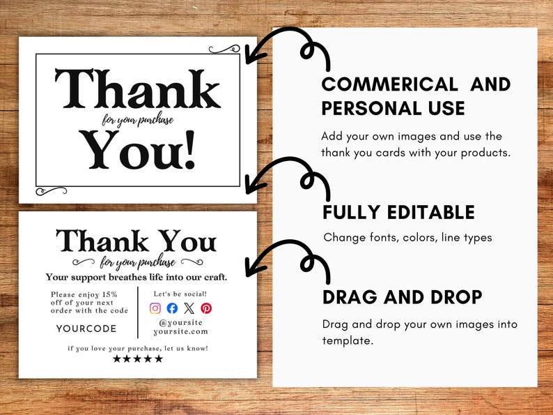 May include: White thank you cards with black text. One card reads "Thank You!" and another says "Thank You for your purchase." Additional text includes "Commercial and Personal Use," "Fully Editable," and "Drag and Drop."