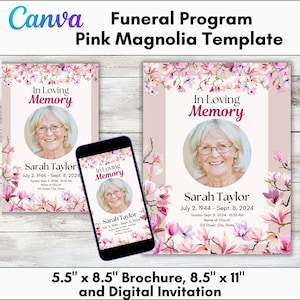 Bearbeitbare Pink Magnolia Funeral Programm Vorlage | 8-seitiges Printable zur Feier des Lebens Gedenkfeier, Canva US Letter,