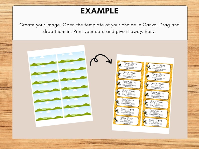 May include: An instructional image showing a design process. The text reads "EXAMPLE" and "Create your image. Open the template of your choice in Canva. Drag and drop them in. Print your card and give it away. Easy." The image shows a template with a landscape design and a sheet of bee-themed labels.
