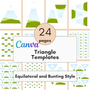 May include: A Canva template set with 24 pages of triangle designs in equilateral and bunting styles. The designs feature green hills, blue skies, and white clouds within various triangle shapes. The Canva logo is visible.