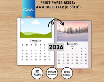 2026 Calendar Canva Templates, US Letter and A4, instant download
