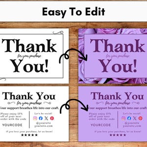 May include: A collection of thank you cards with the text "Thank You" in various designs. Some cards have a black and white design, while others feature a purple background with floral accents. The cards are designed to be easily edited.