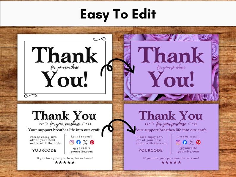 May include: A collection of thank you cards with the text "Thank You" in various designs. Some cards have a black and white design, while others feature a purple background with floral accents. The cards are designed to be easily edited.