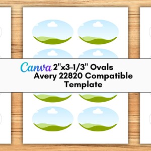 Pode incluir: Uma folha de etiquetas brancas com ovais de 5,08 cm x 8,47 cm com um design de paisagem de colinas verdes e um céu azul com uma nuvem branca. O texto diz: Canva 2"x3-1/3" Ovals Avery 22820 Compatible Template. As etiquetas estão em uma grade.