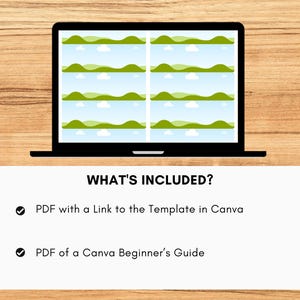 May include: A black laptop displays a landscape design with green hills, blue sky, and white clouds. Below the laptop, a white rectangle lists "WHAT'S INCLUDED?" followed by details about a PDF template link and a beginner's guide.
